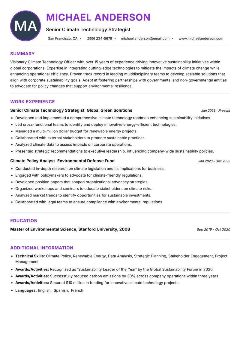 Climate Technology Officer resume example
