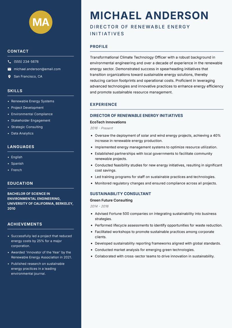 Climate Technology Officer resume sample — Director of Renewable Energy Initiatives focus