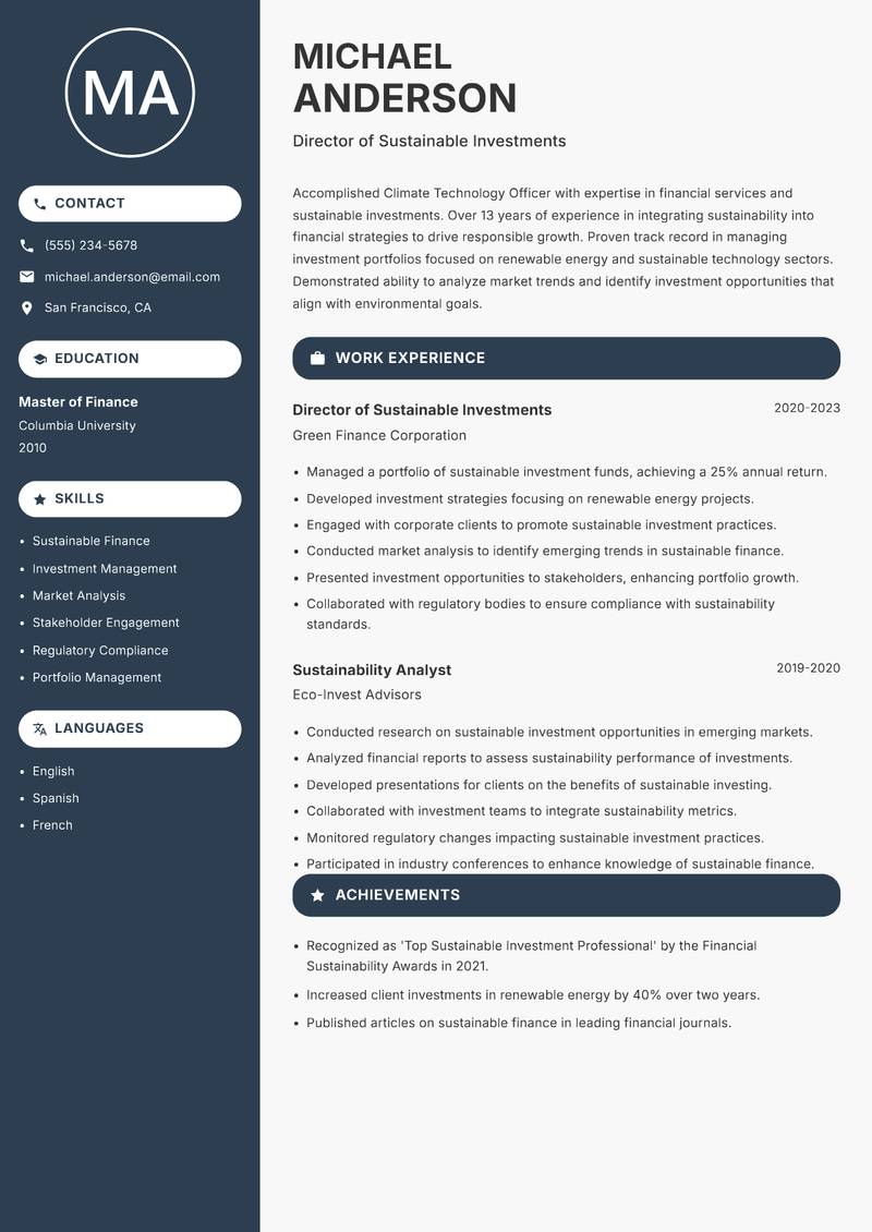 Climate Technology Officer resume sample — Director of Sustainable Investments focus