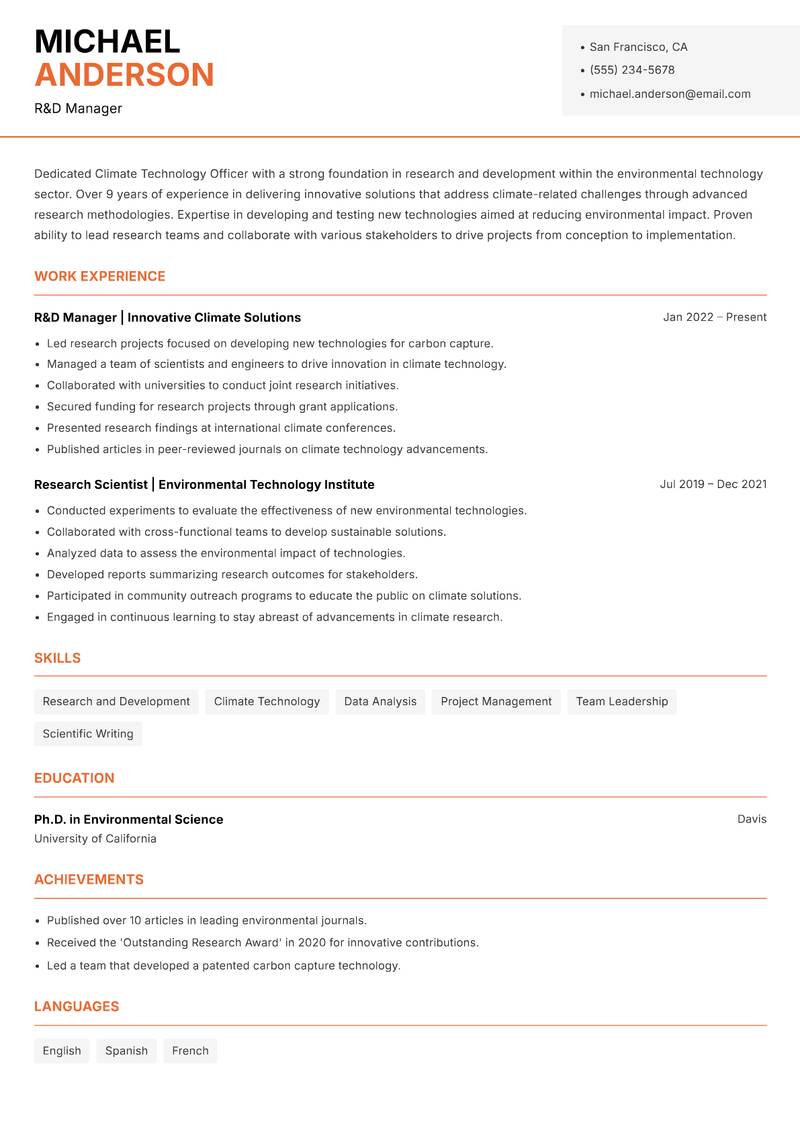 Climate Technology Officer resume sample — R&D Manager focus