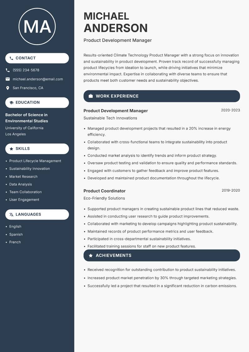 Climate Technology Product Manager resume sample — Product Development Manager focus