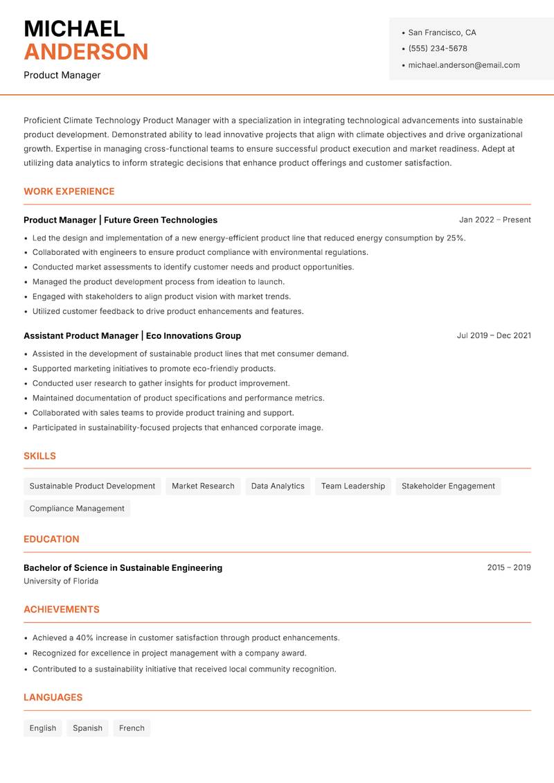 Climate Technology Product Manager resume sample — Product Manager focus