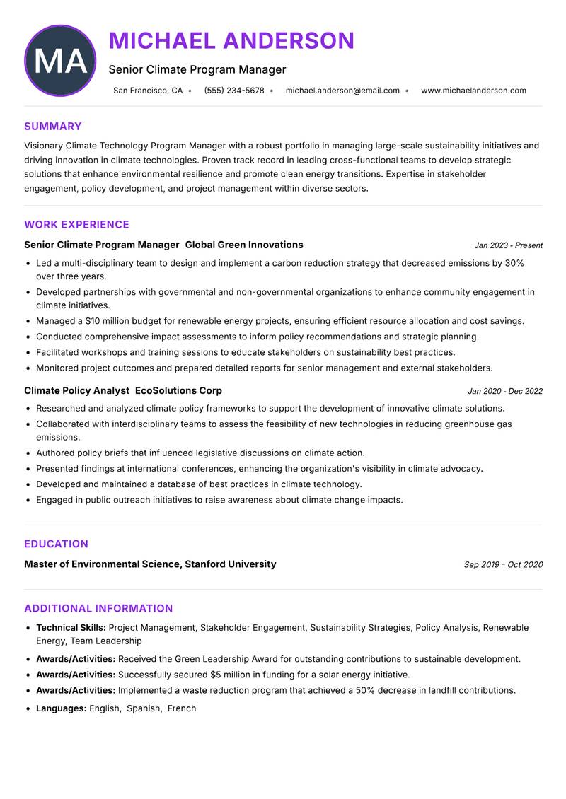 Climate Technology Program Manager resume example