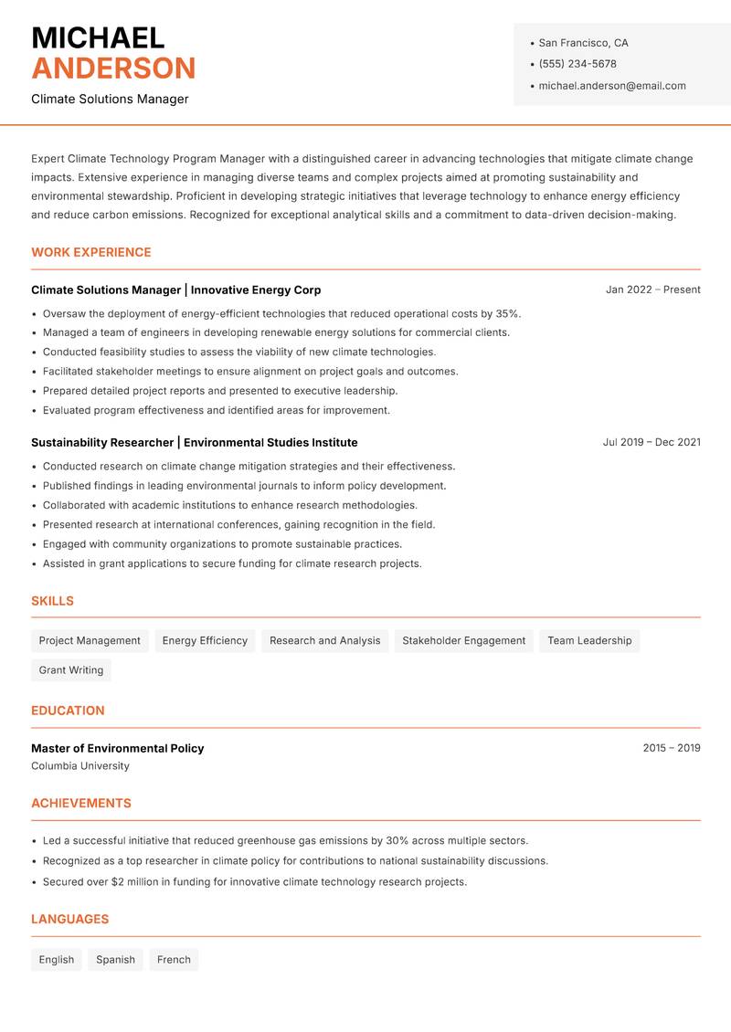 Climate Technology Program Manager resume sample — Climate Solutions Manager focus