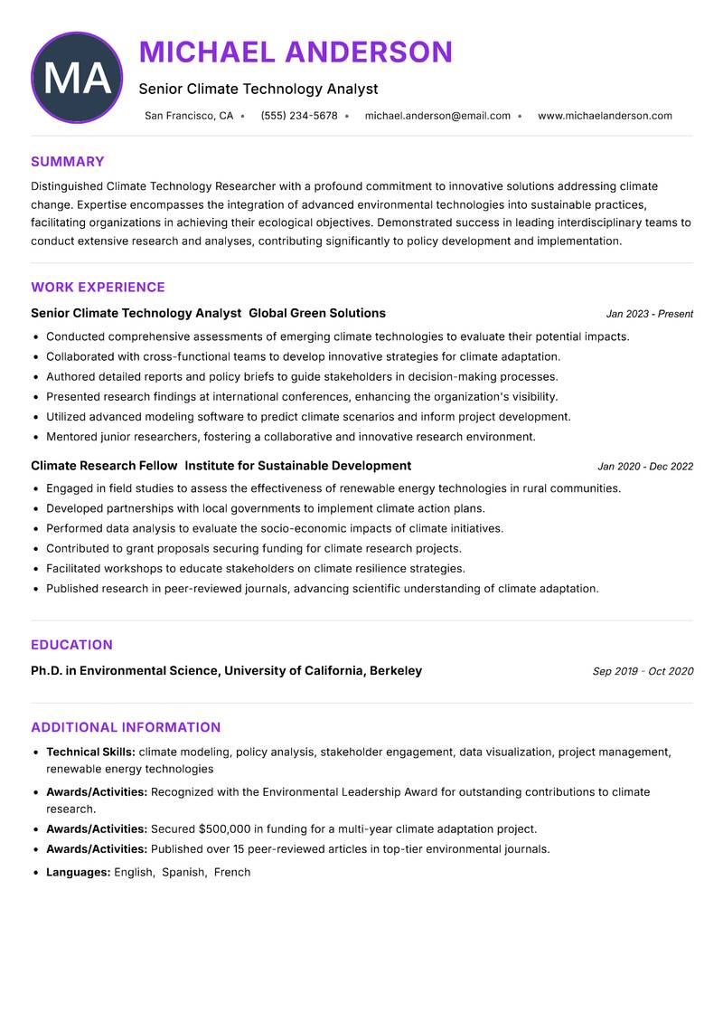 Climate Technology Researcher resume example