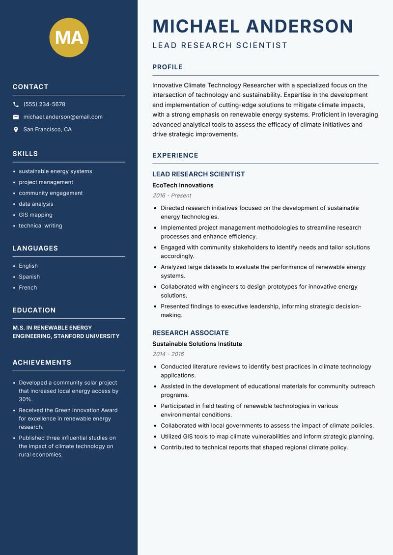 Climate Technology Researcher resume sample — Lead Research Scientist focus
