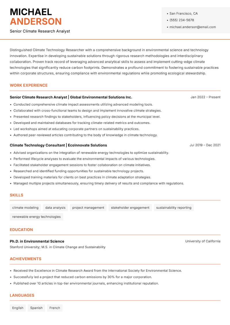 Climate Technology Researcher resume sample — Senior Climate Research Analyst focus