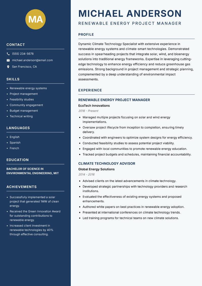 Climate Technology Specialist resume sample — Renewable Energy Project Manager focus