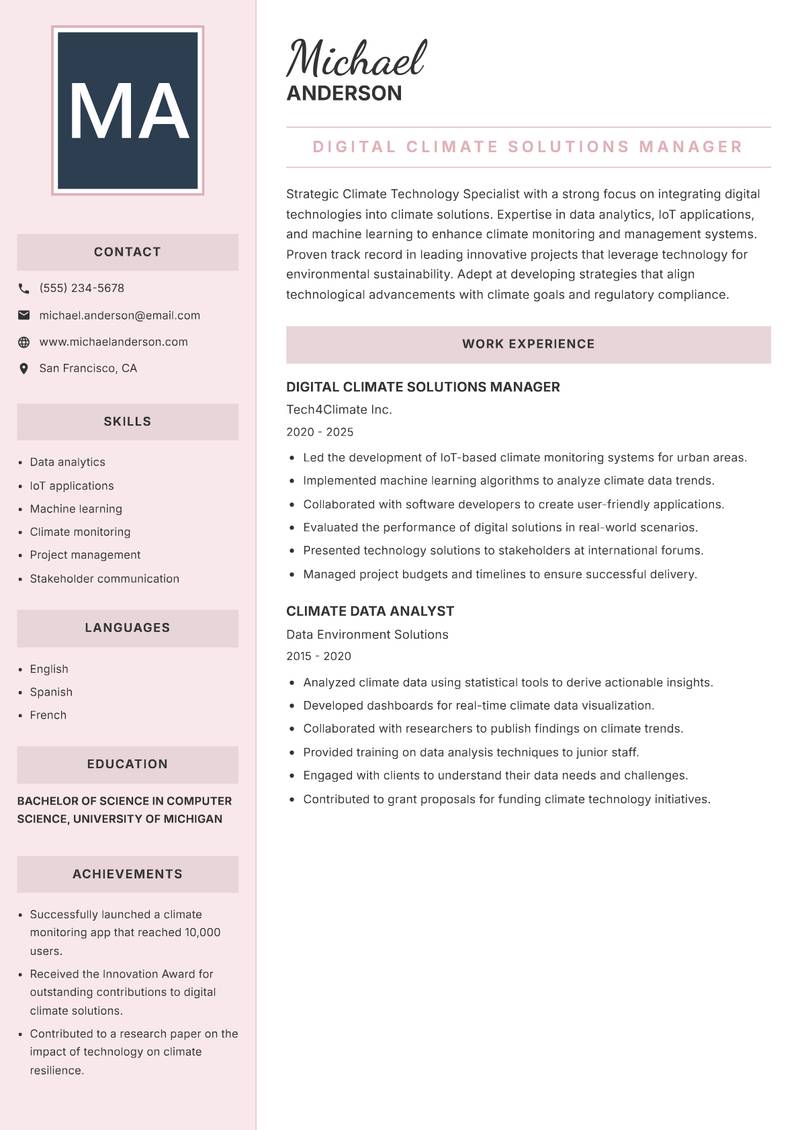 Climate Technology Specialist resume sample — Digital Climate Solutions Manager focus