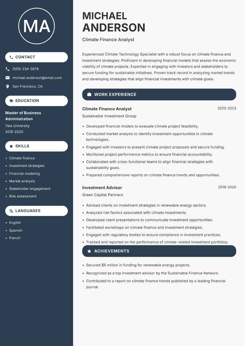 Climate Technology Specialist resume sample — Climate Finance Analyst focus