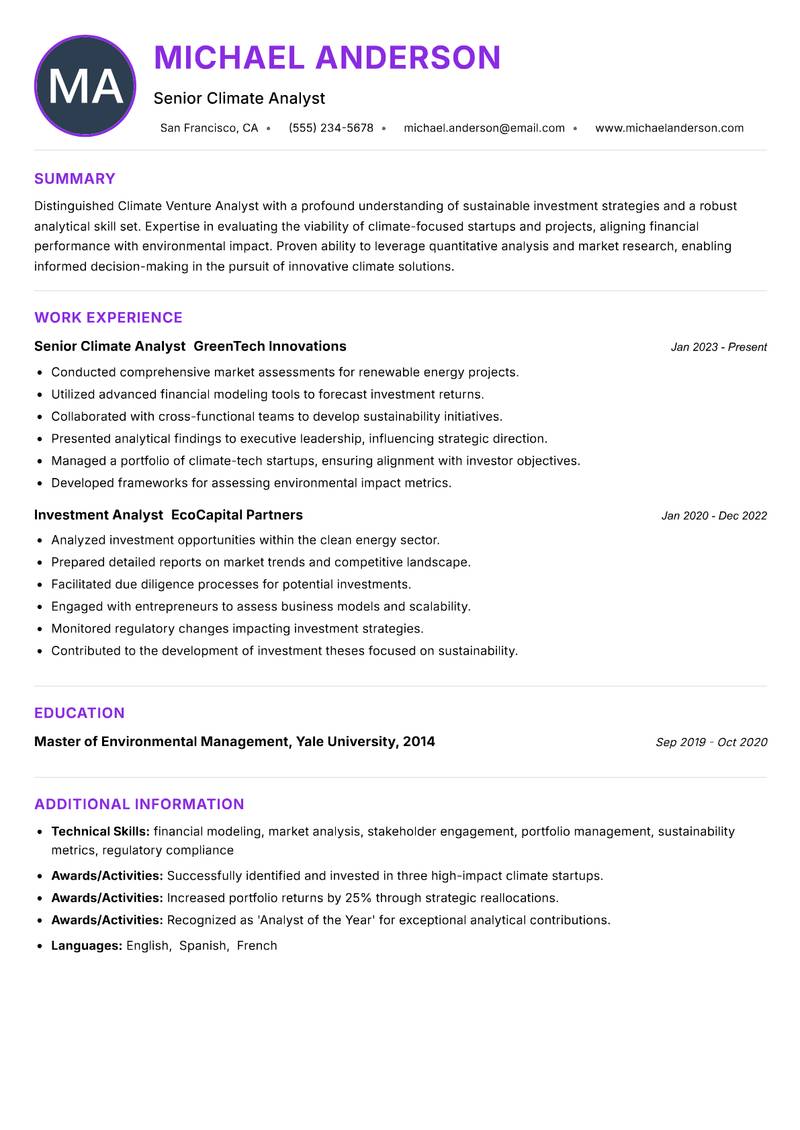 Climate Venture Analyst resume example