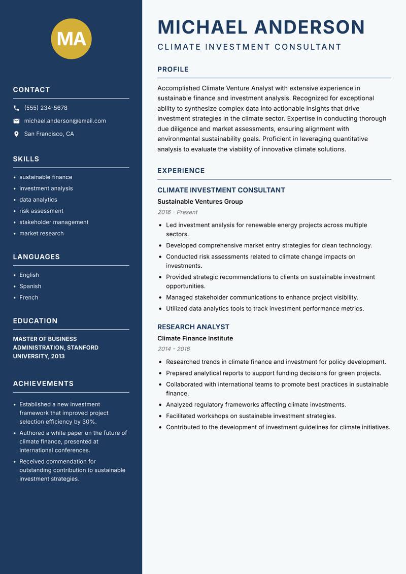 Climate Venture Analyst resume sample — Climate Investment Consultant focus