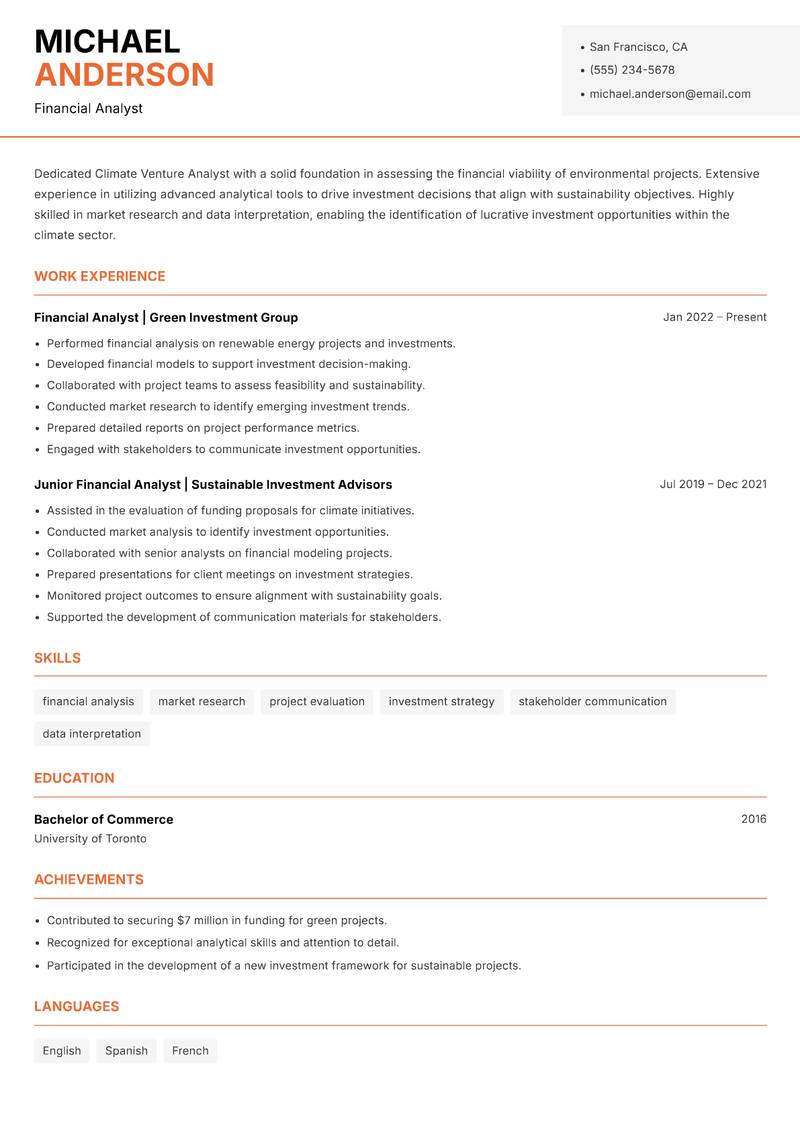 Climate Venture Analyst resume sample — Financial Analyst focus