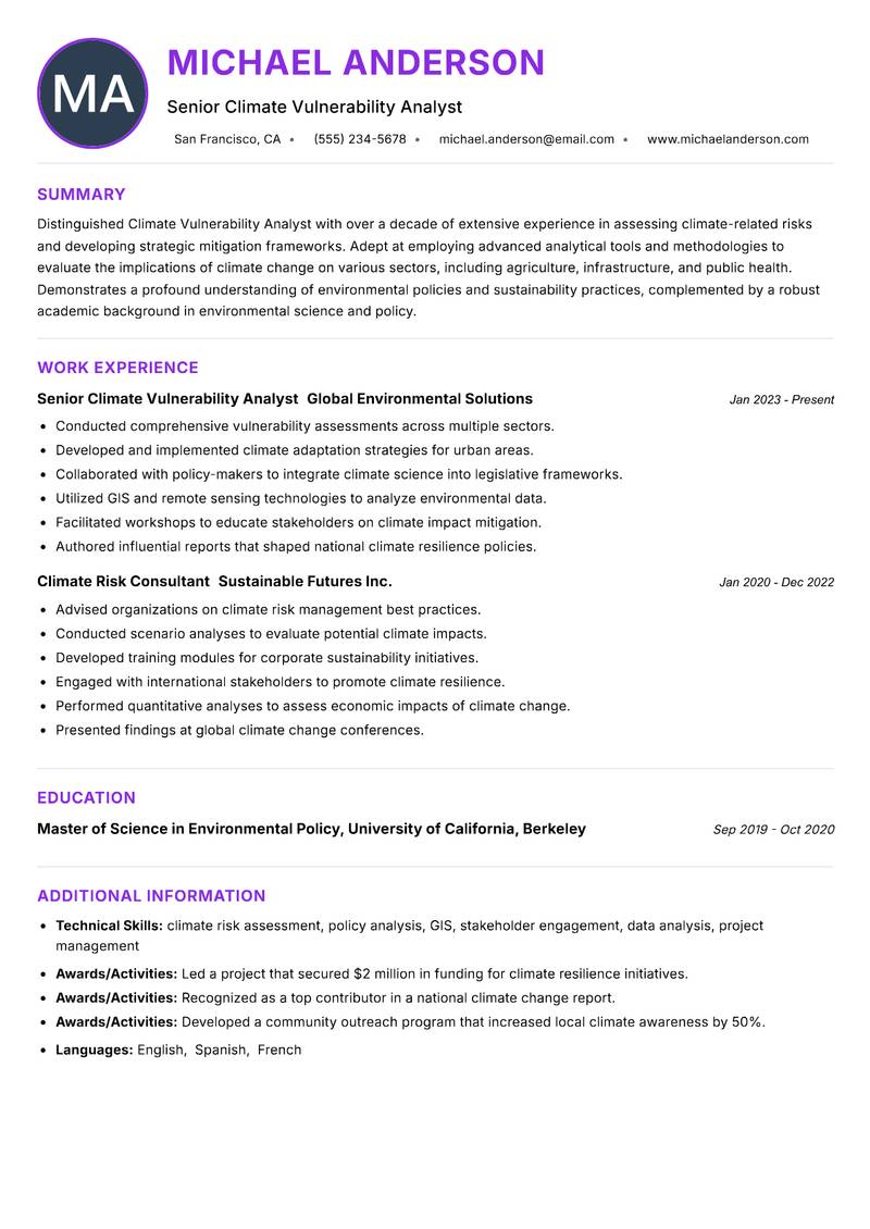 Climate Vulnerability Analyst resume example