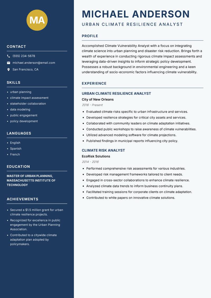 Climate Vulnerability Analyst resume sample — Urban Climate Resilience Analyst focus