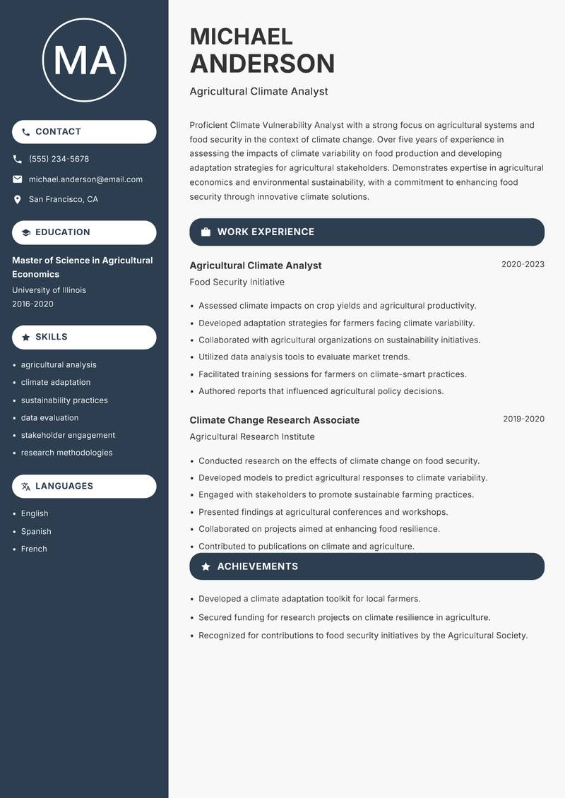 Climate Vulnerability Analyst resume sample — Agricultural Climate Analyst focus