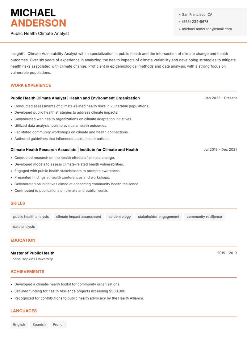 Climate Vulnerability Analyst resume sample — Public Health Climate Analyst focus