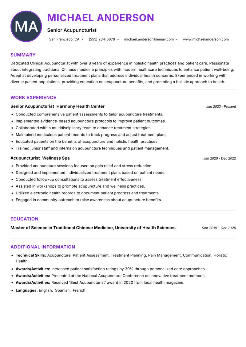 Clinical Acupuncturist resume example