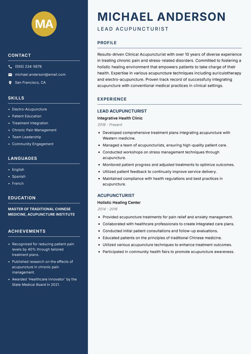 Clinical Acupuncturist resume sample — Lead Acupuncturist focus