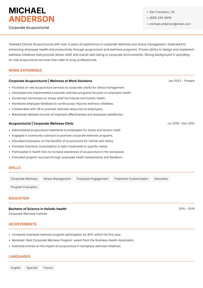 Clinical Acupuncturist resume sample — Corporate Acupuncturist focus