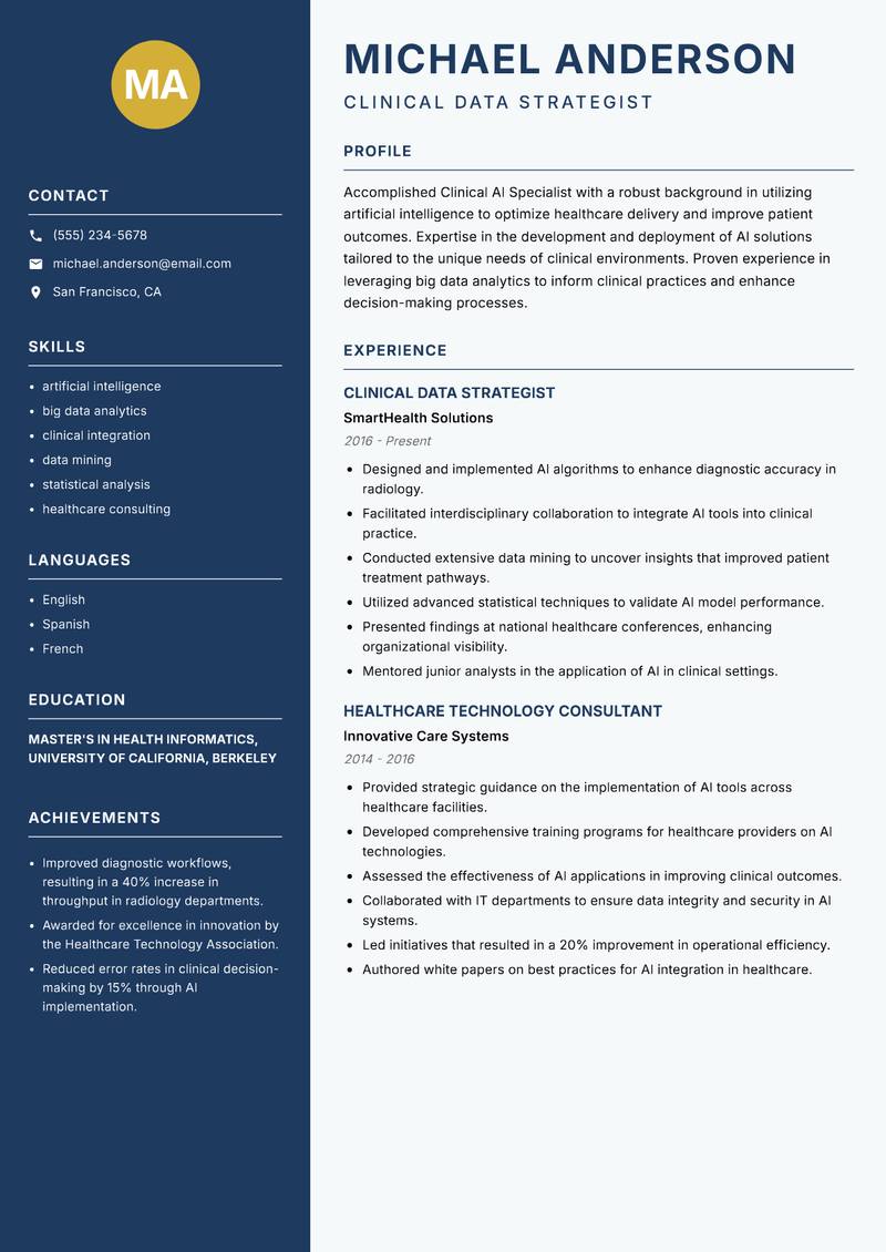 Clinical AI Specialist resume sample — Clinical Data Strategist focus