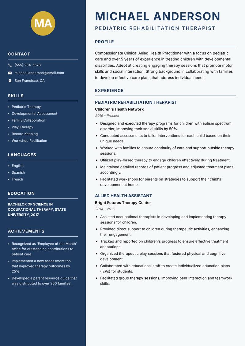 Clinical Allied Health Practitioner resume sample — Pediatric Rehabilitation Therapist focus
