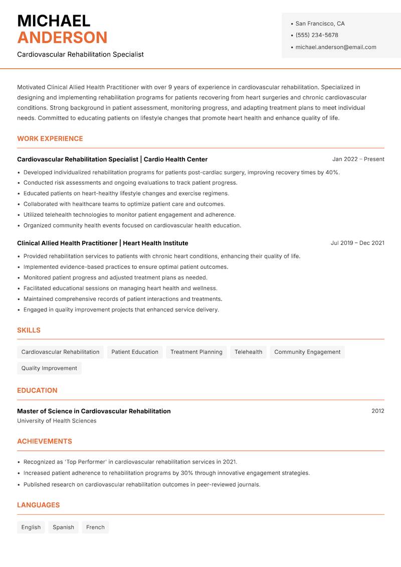 Clinical Allied Health Practitioner resume sample — Cardiovascular Rehabilitation Specialist focus