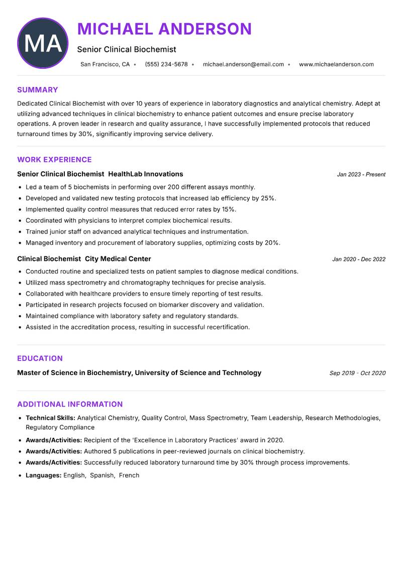 Clinical Biochemist resume example