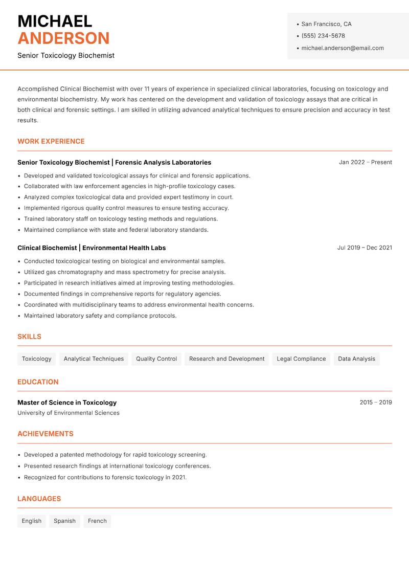 Clinical Biochemist resume sample — Senior Toxicology Biochemist focus