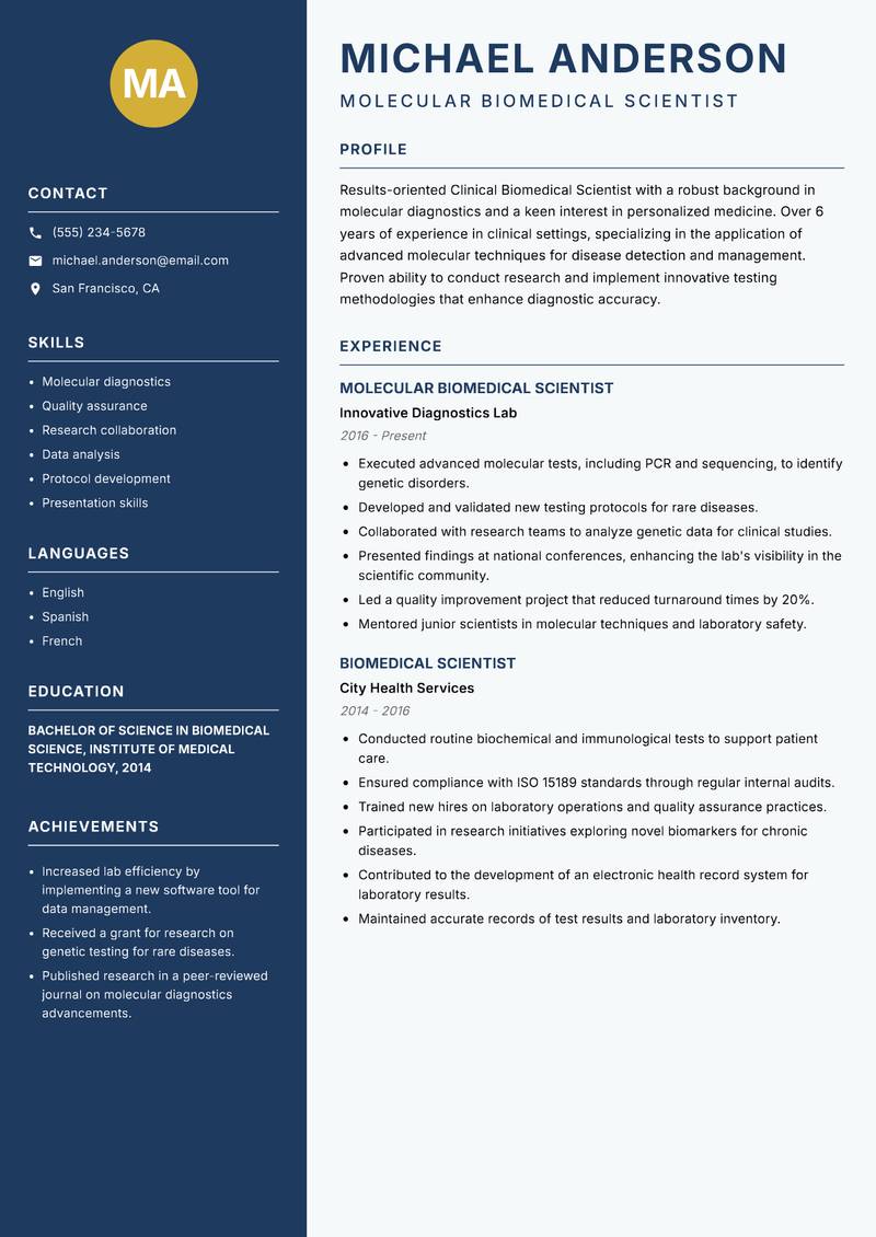 Clinical Biomedical Scientist resume sample — Molecular Biomedical Scientist focus