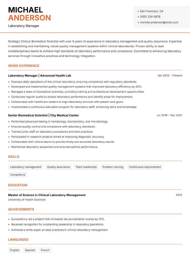Clinical Biomedical Scientist resume sample — Laboratory Manager focus