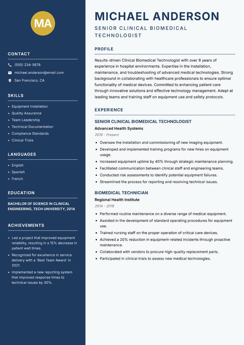 Clinical Biomedical Technologist resume sample — Senior Clinical Biomedical Technologist focus