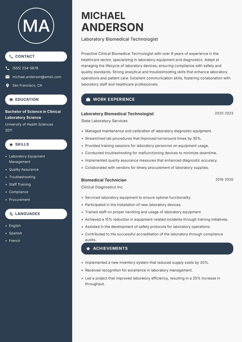 Clinical Biomedical Technologist resume sample — Laboratory Biomedical Technologist focus