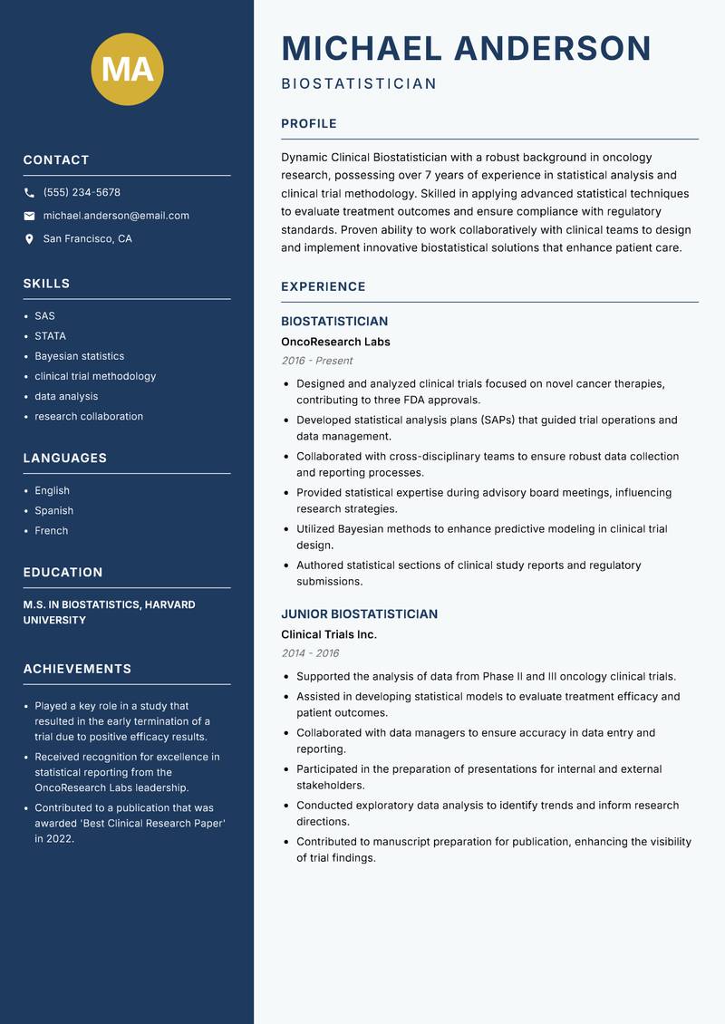 Clinical Biostatistician resume sample — Biostatistician focus