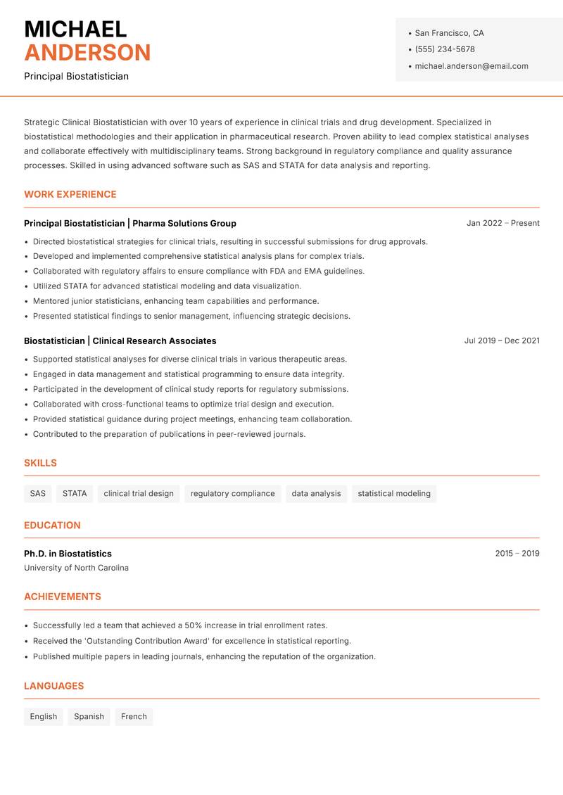 Clinical Biostatistician resume sample — Principal Biostatistician focus