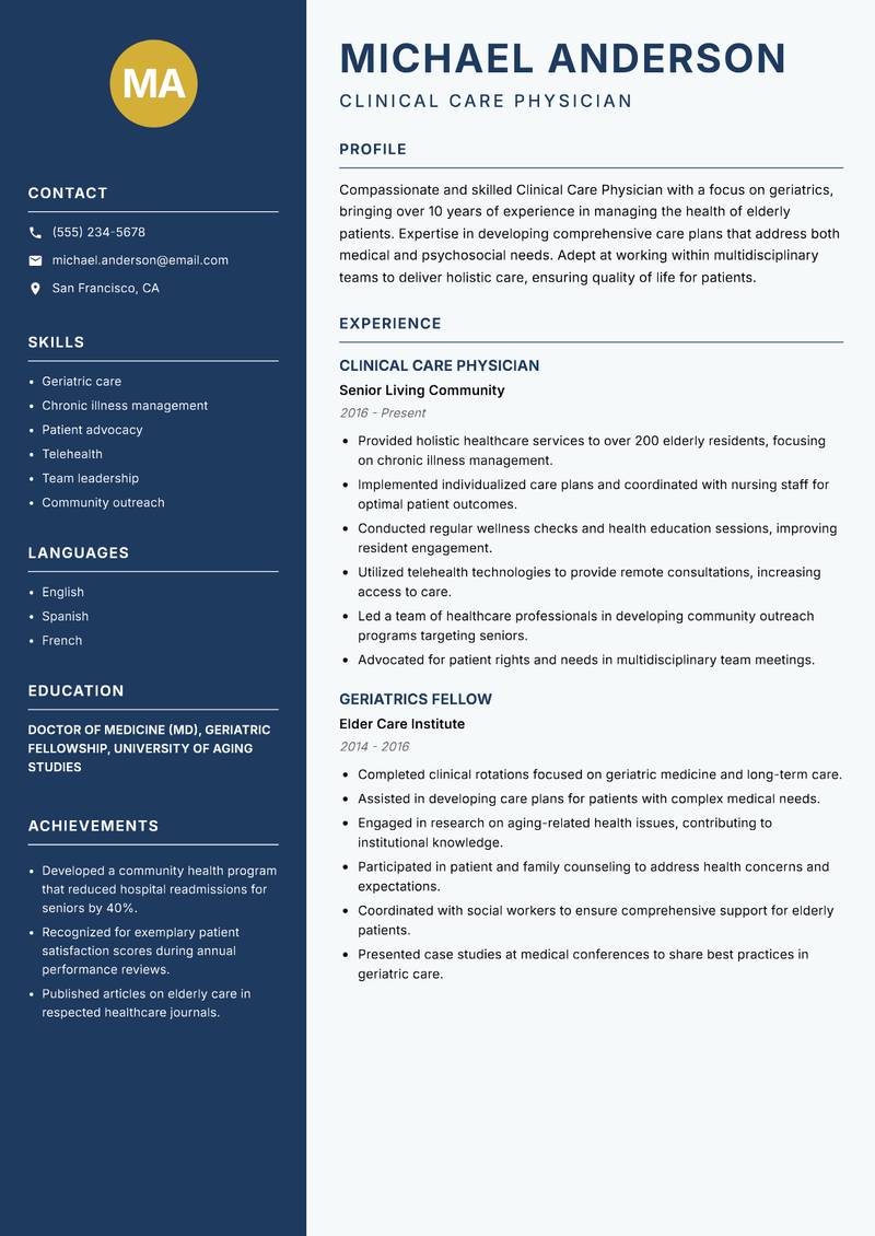 Clinical Care Physician resume sample — Clinical Care Physician focus