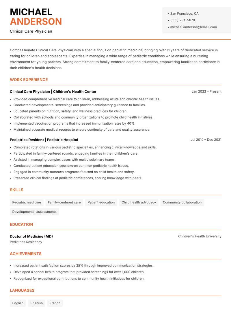 Clinical Care Physician resume sample — Clinical Care Physician focus