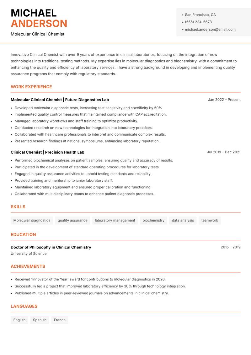 Clinical Chemist resume sample — Molecular Clinical Chemist focus