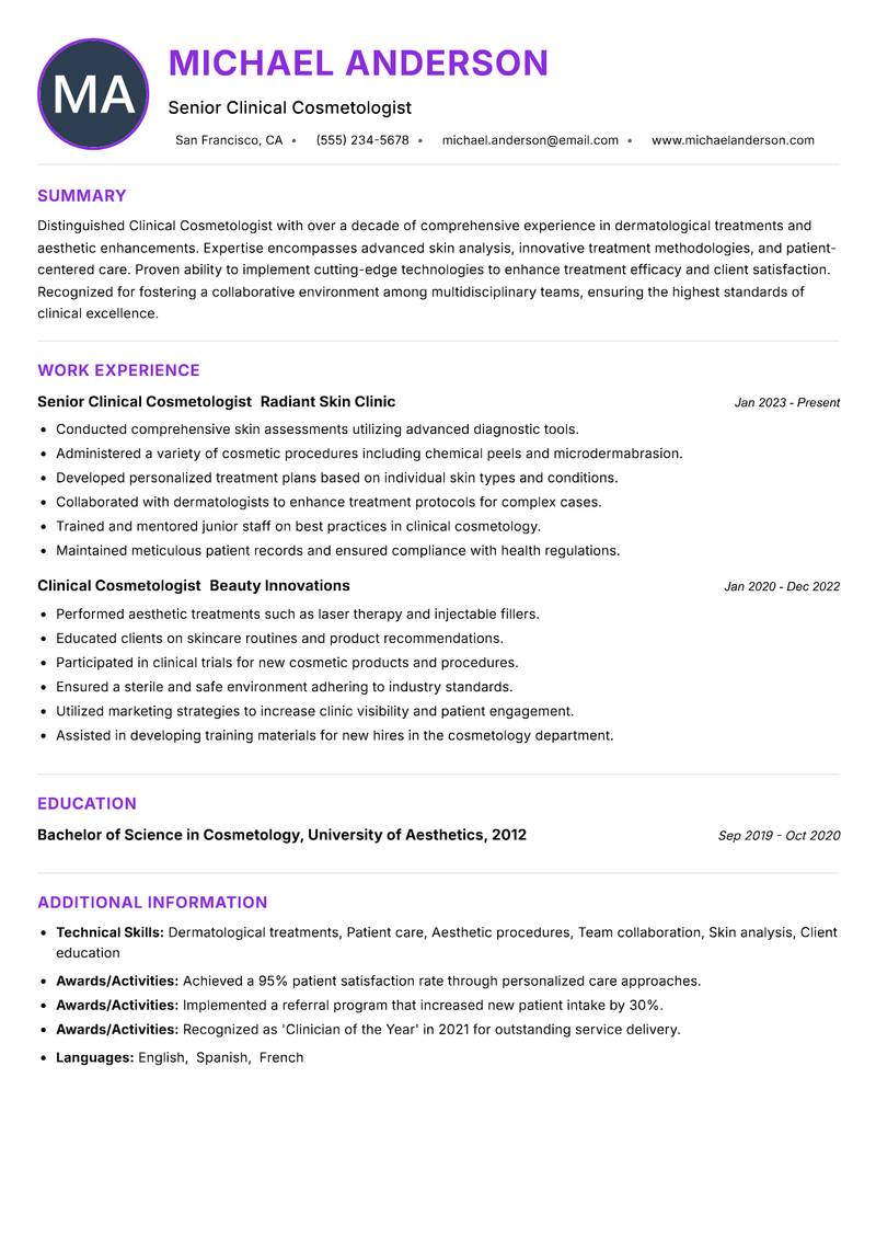 Clinical Cosmetologist resume example