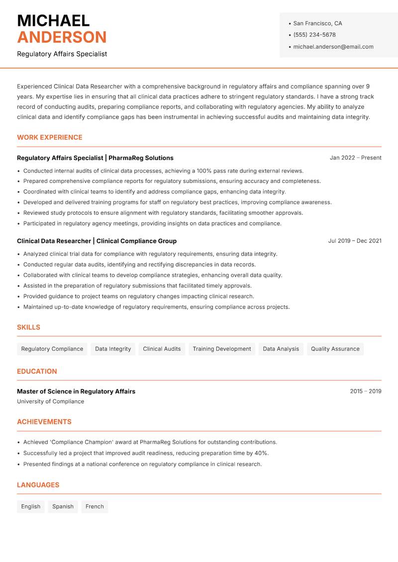 Clinical Data Researcher resume sample — Regulatory Affairs Specialist focus