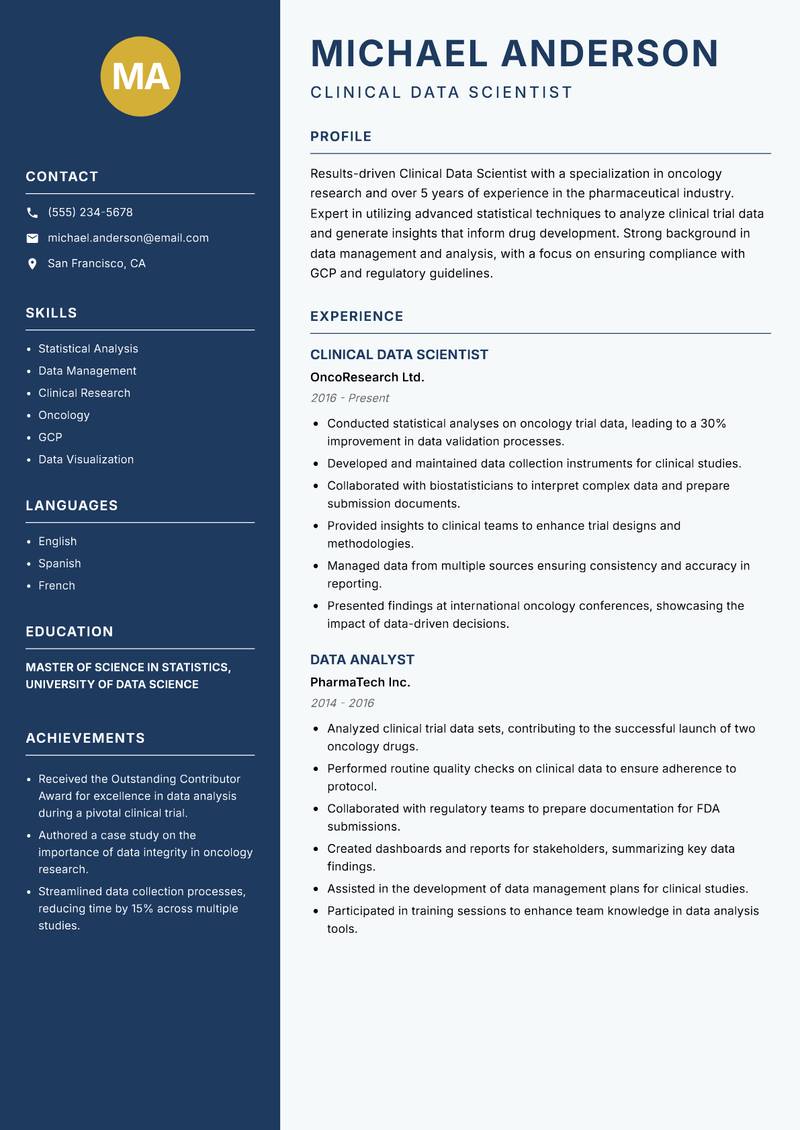 Clinical Data Scientist resume sample — Clinical Data Scientist focus