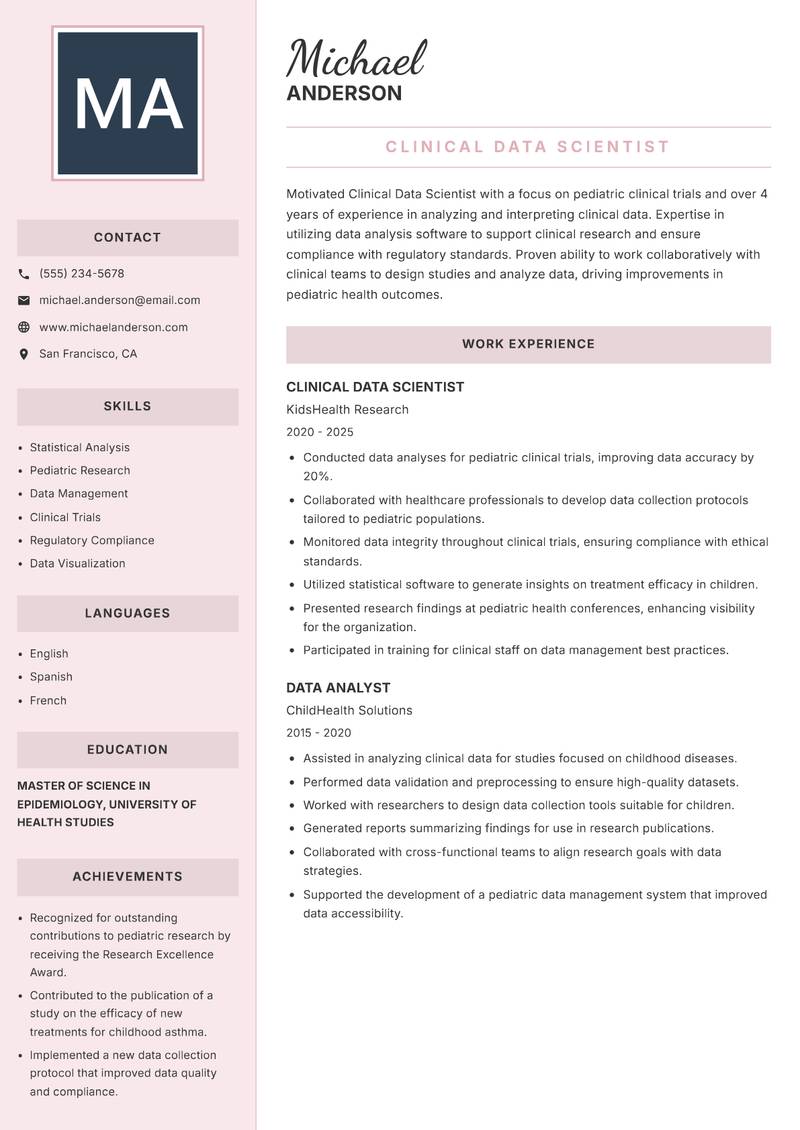 Clinical Data Scientist resume sample — Clinical Data Scientist focus