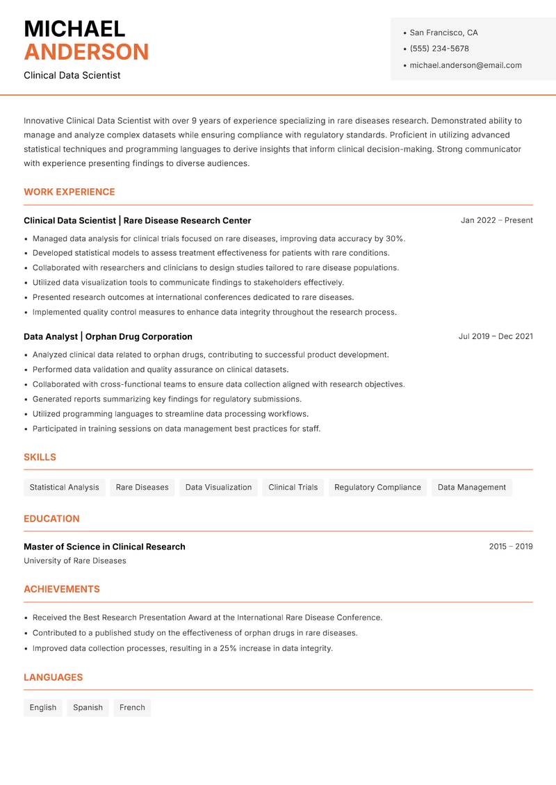 Clinical Data Scientist resume sample — Clinical Data Scientist focus