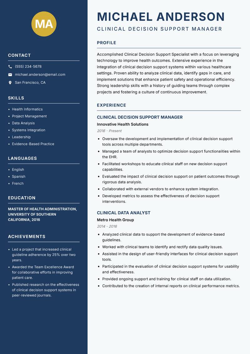 Clinical Decision Support Specialist resume sample — Clinical Decision Support Manager focus