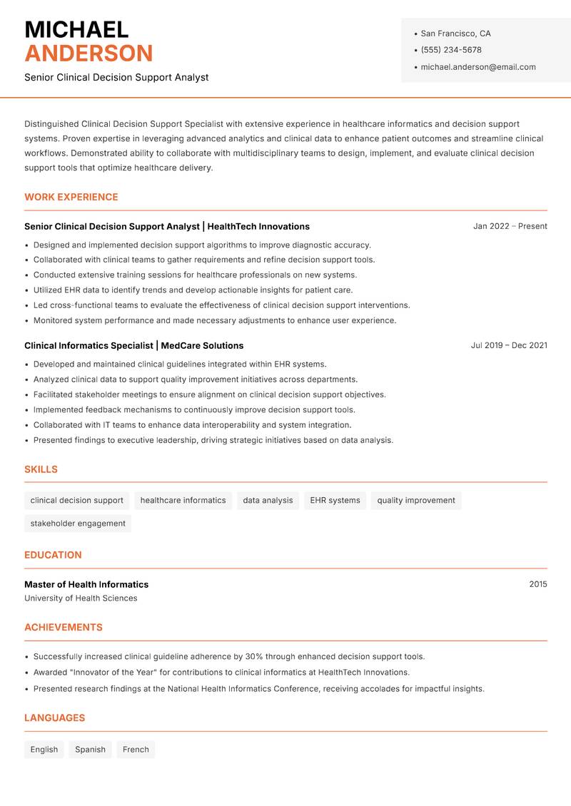 Clinical Decision Support Specialist resume sample — Senior Clinical Decision Support Analyst focus