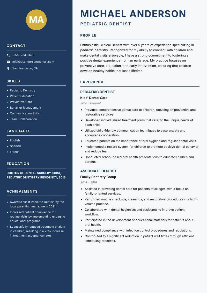Clinical Dentist resume sample — Pediatric Dentist focus