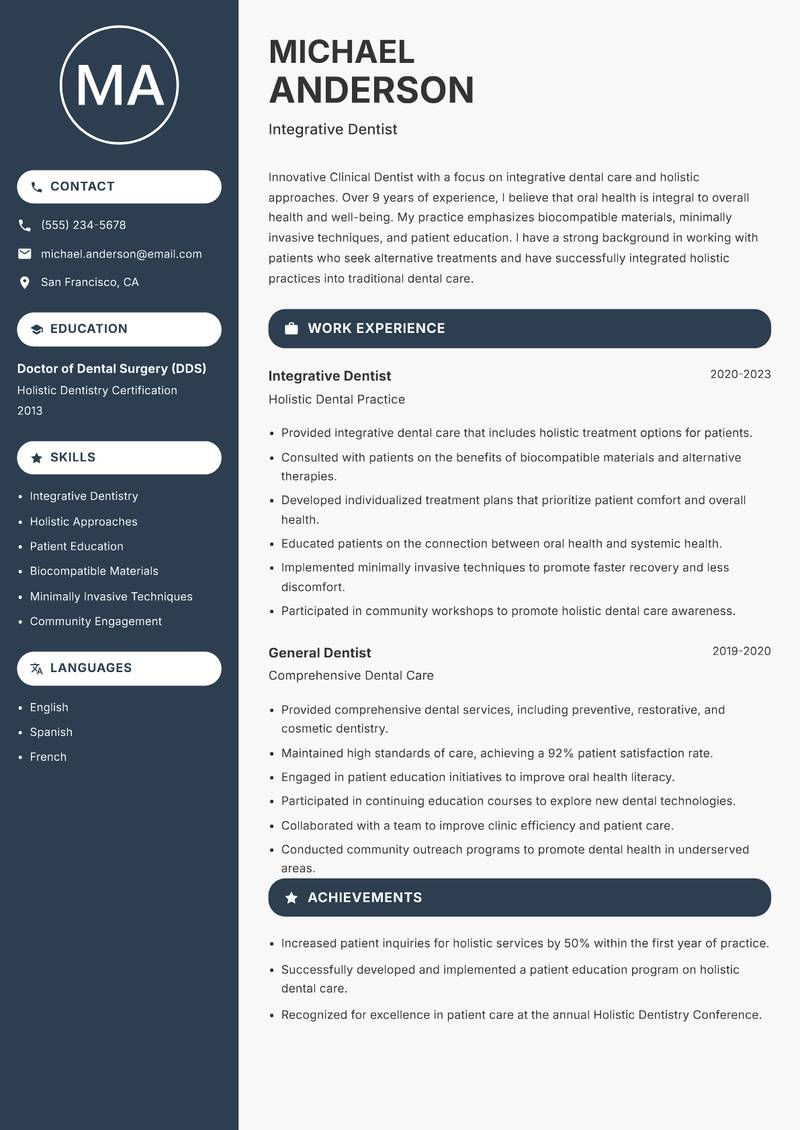 Clinical Dentist resume sample — Integrative Dentist focus