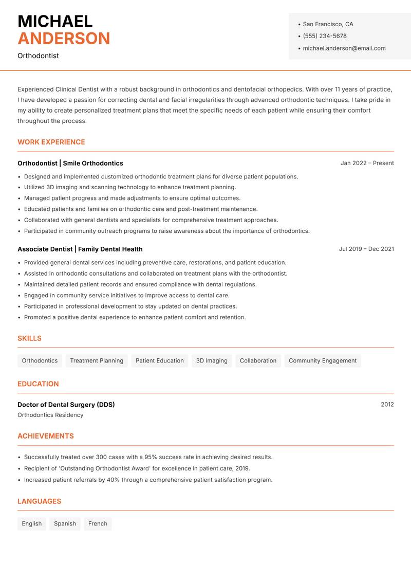 Clinical Dentist resume sample — Orthodontist focus