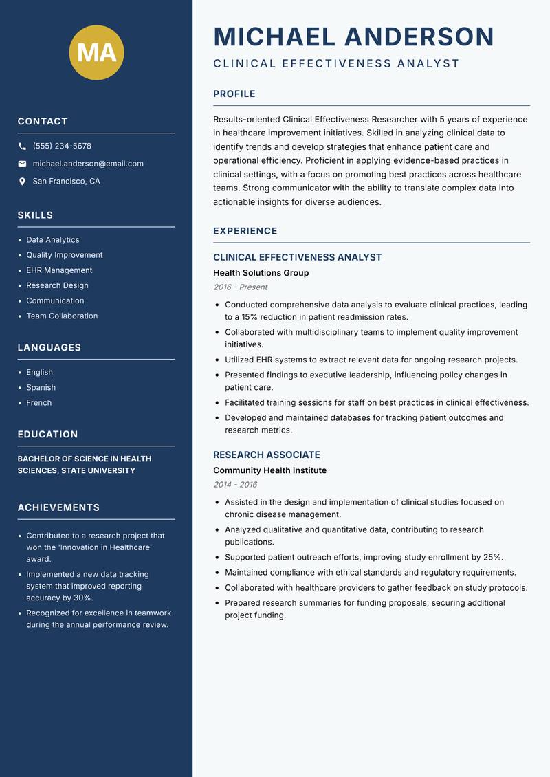 Clinical Effectiveness Researcher resume sample — Clinical Effectiveness Analyst focus