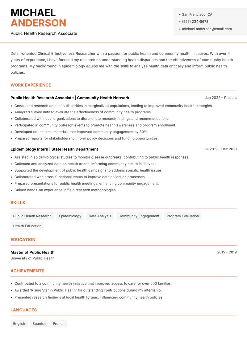 Clinical Effectiveness Researcher resume sample — Public Health Research Associate focus